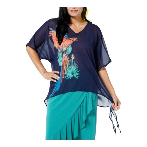 Colleen Lopez Printed Poncho Top XS Sharkbite Hem Navy Bird Lightweight NWOT - Picture 1 of 10